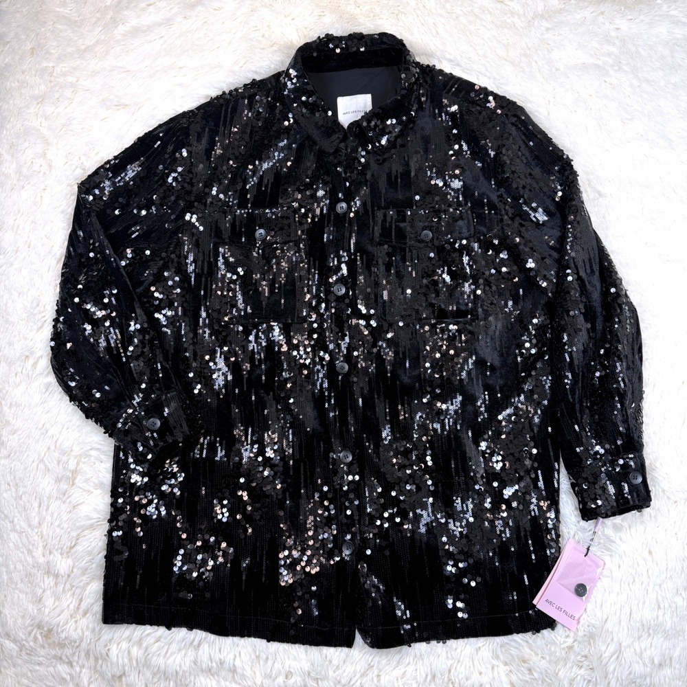 NWT Avec Les Filles Sequin Shirt Jacket Womens 3X Black Velvet Shacket Glam